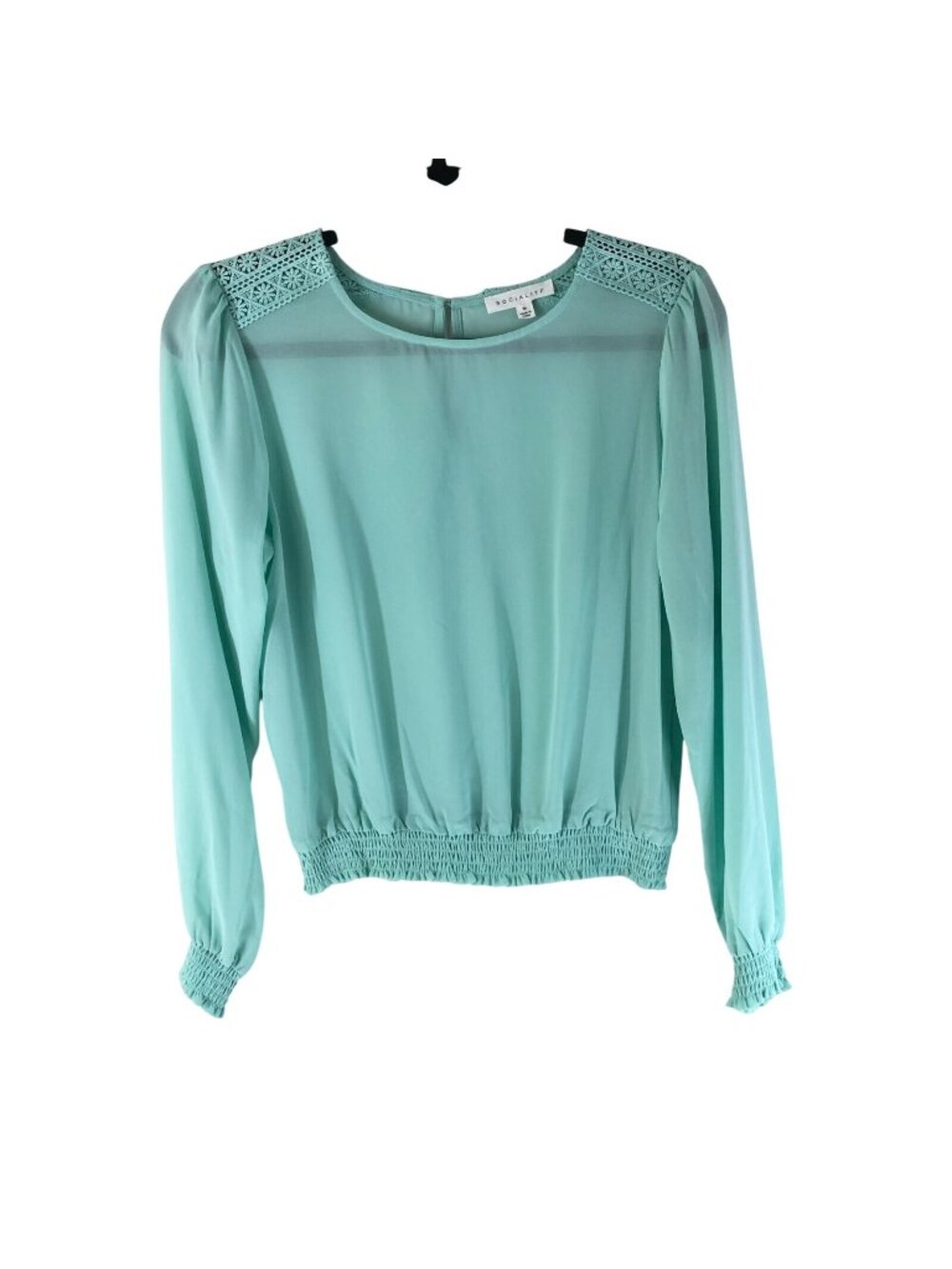 Socialite Womens Top Sheer Long Sleeve Shirred Gathered Hem Crochet Aqua Blue M